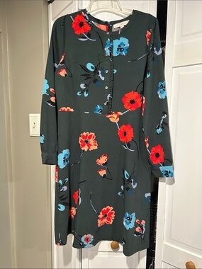LOFT Dark Green Floral Long-Sleeve Shift Dress
